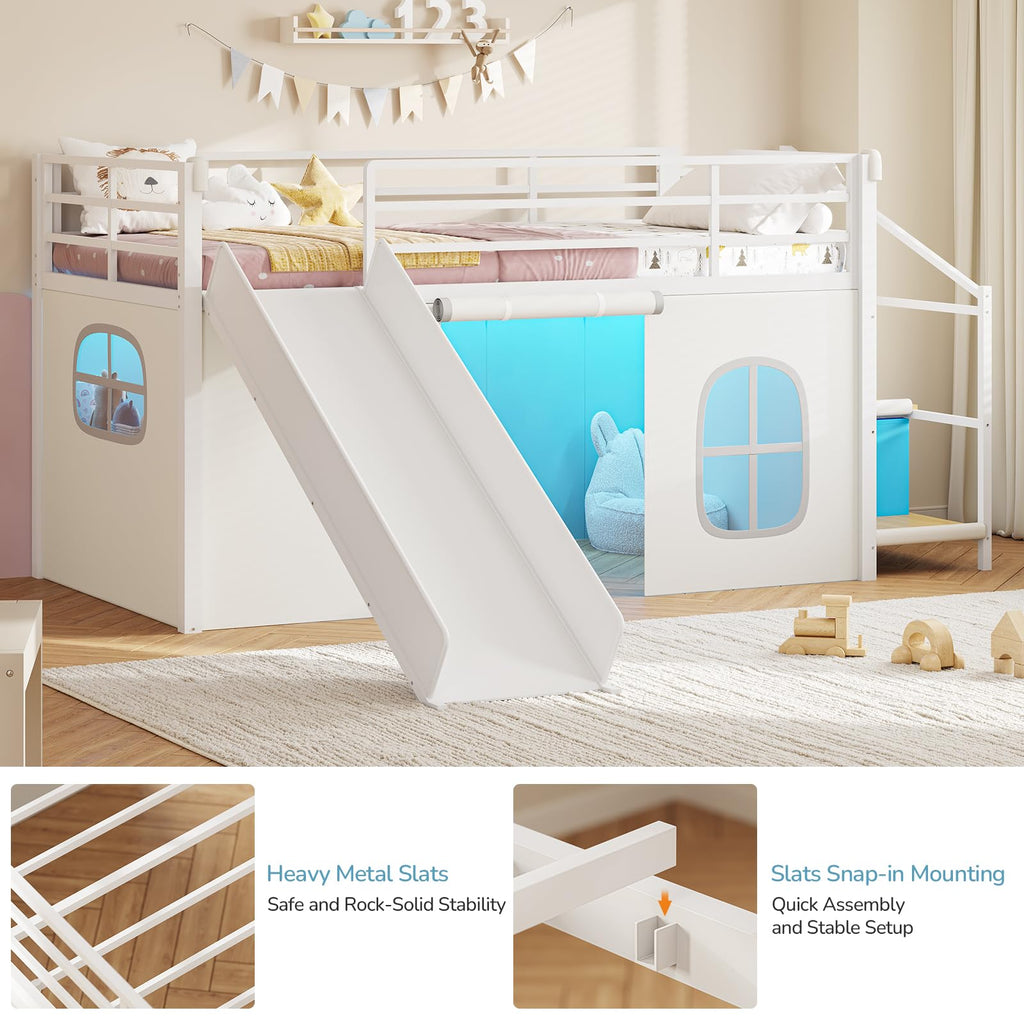 White Twin Low Loft Bed with Slide Staircase Storage Drawers Desk Z624