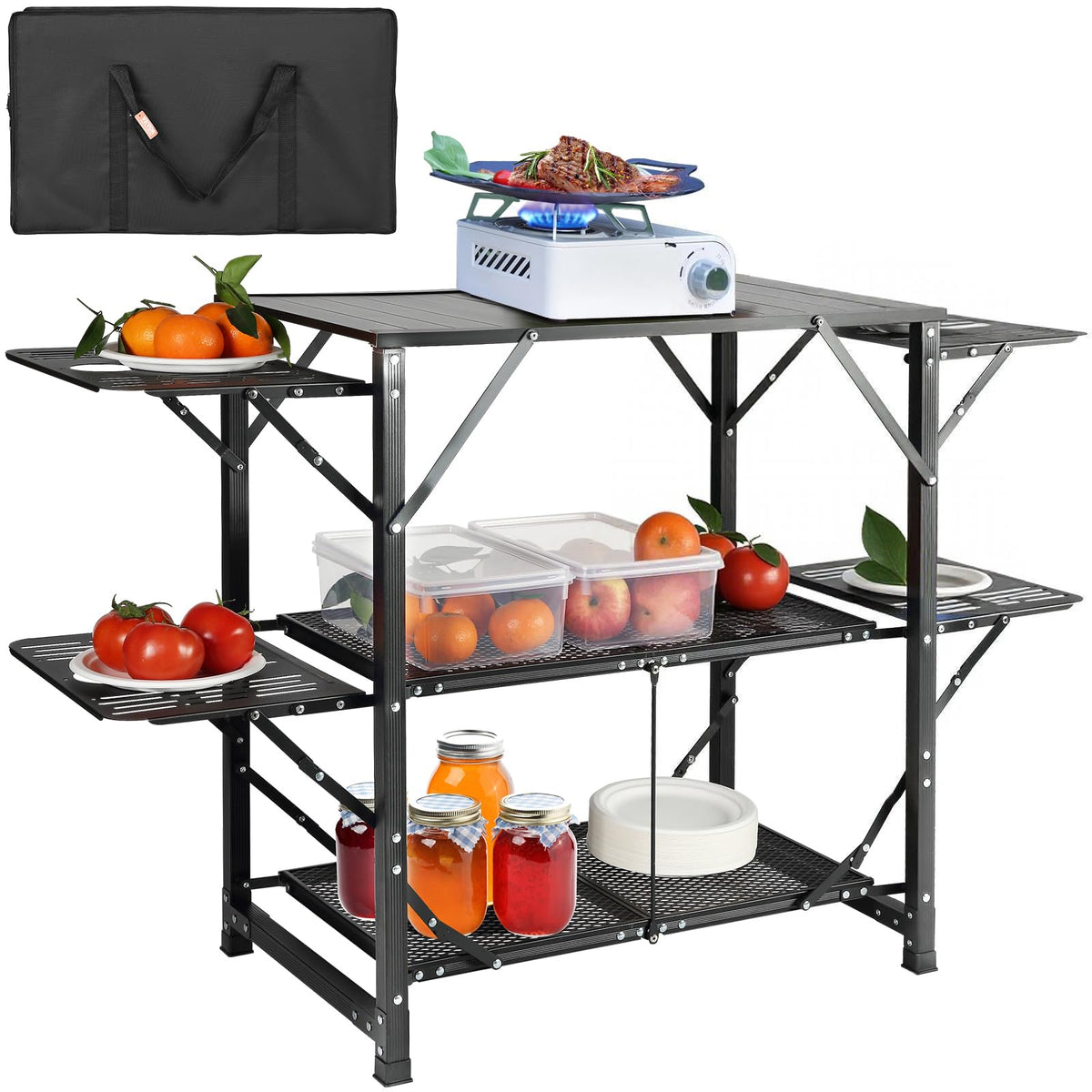 Aluminum Folding Camping Kitchen Table with 2 Shelves O890554