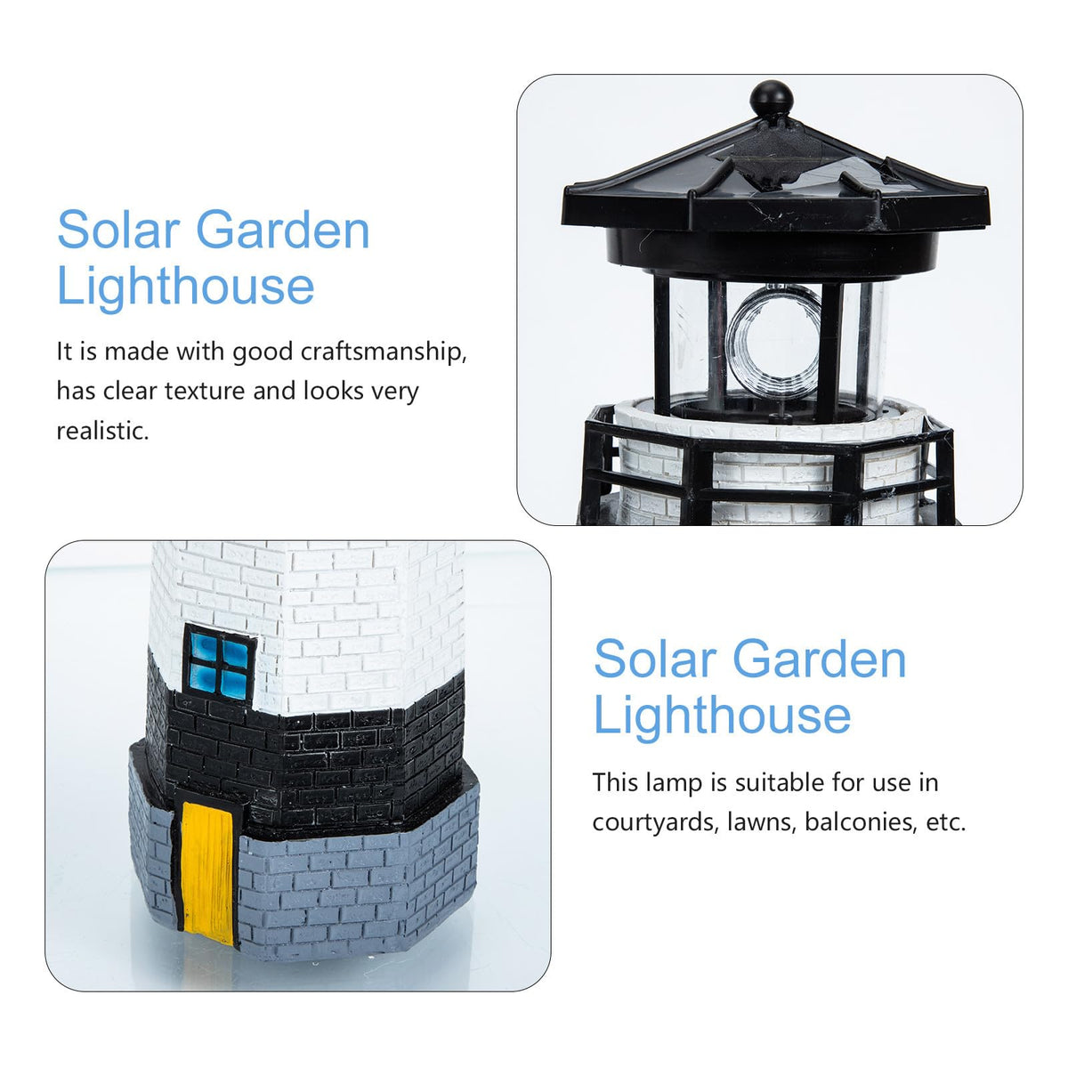 Solar Powered Resin Lighthouse Garden Light Black White A745729