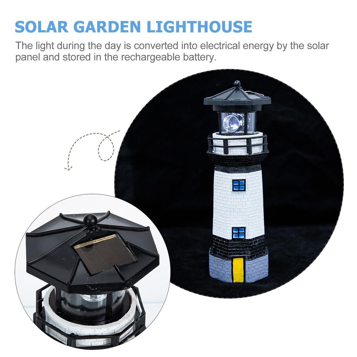 Solar Powered Resin Lighthouse Garden Light Black White A745729