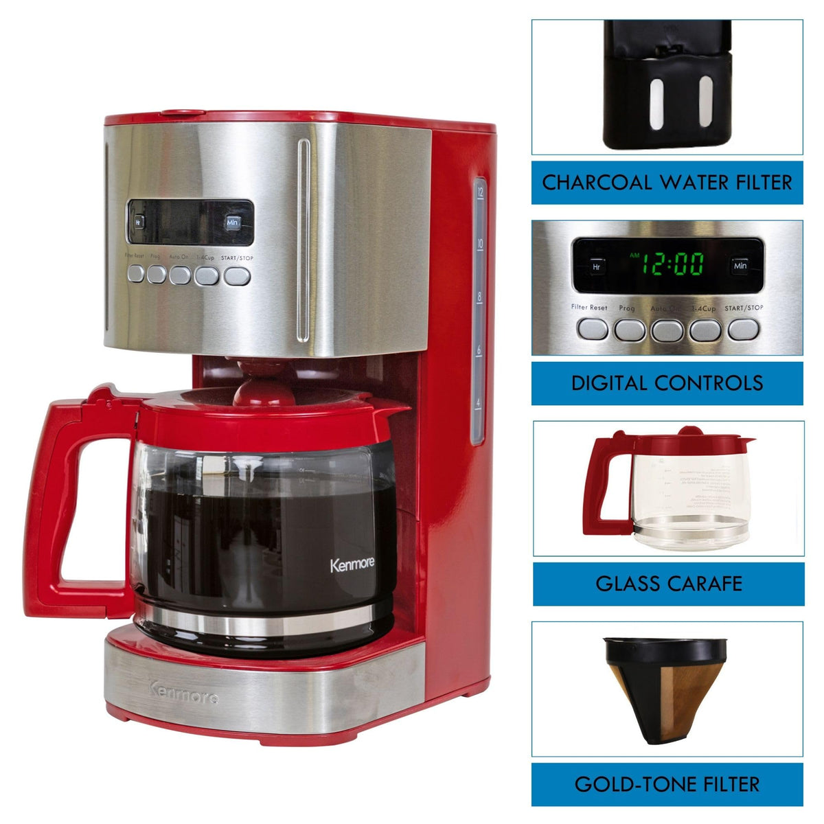 12 Cup Programmable Drip Coffee Maker, Red and Stainless Steel, 12 Pack Charcoal Water Filter A684