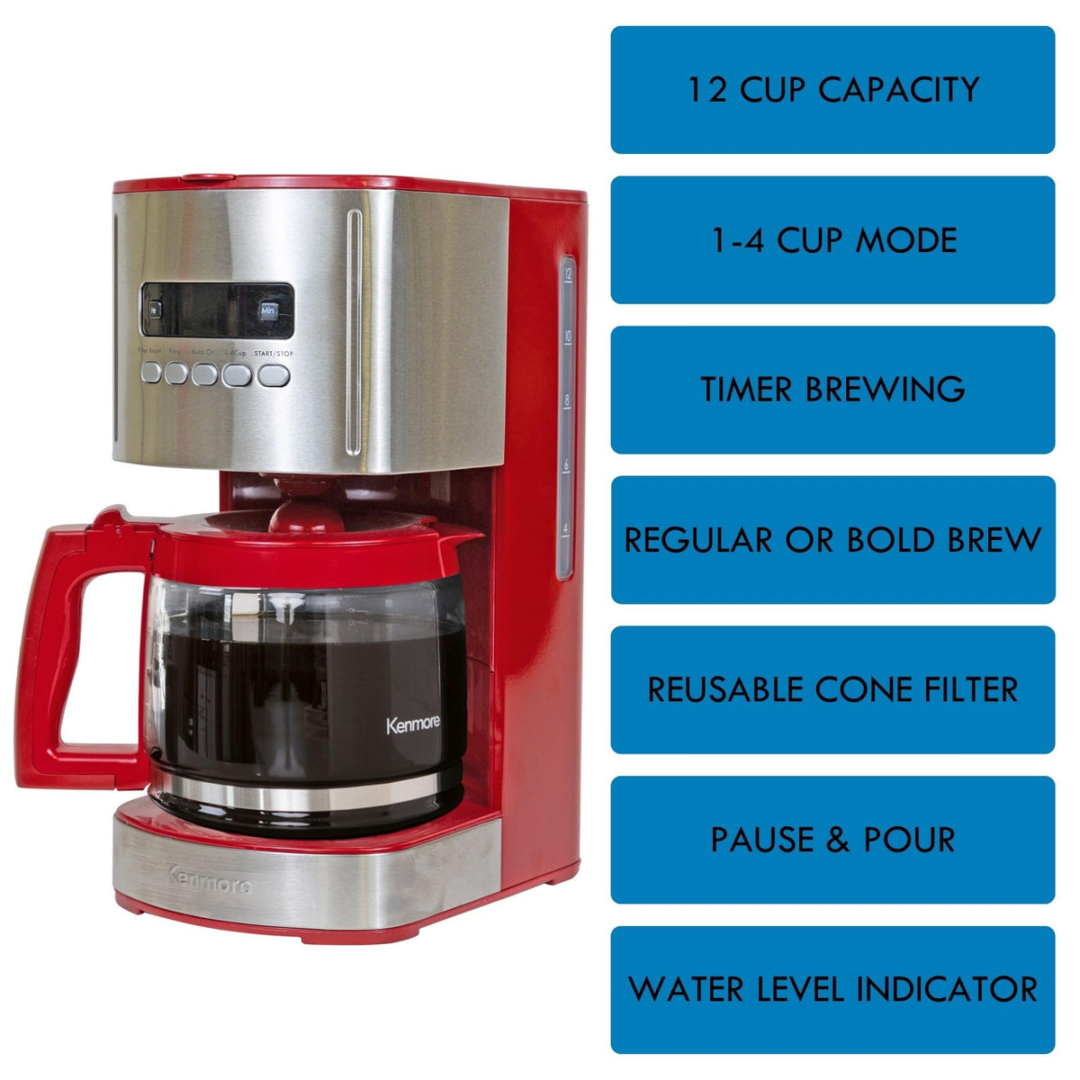 12 Cup Programmable Drip Coffee Maker, Red and Stainless Steel, 12 Pack Charcoal Water Filter A684