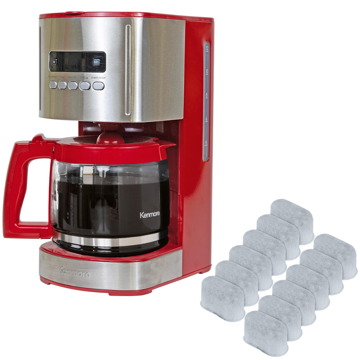 12 Cup Programmable Drip Coffee Maker, Red and Stainless Steel, 12 Pack Charcoal Water Filter A684
