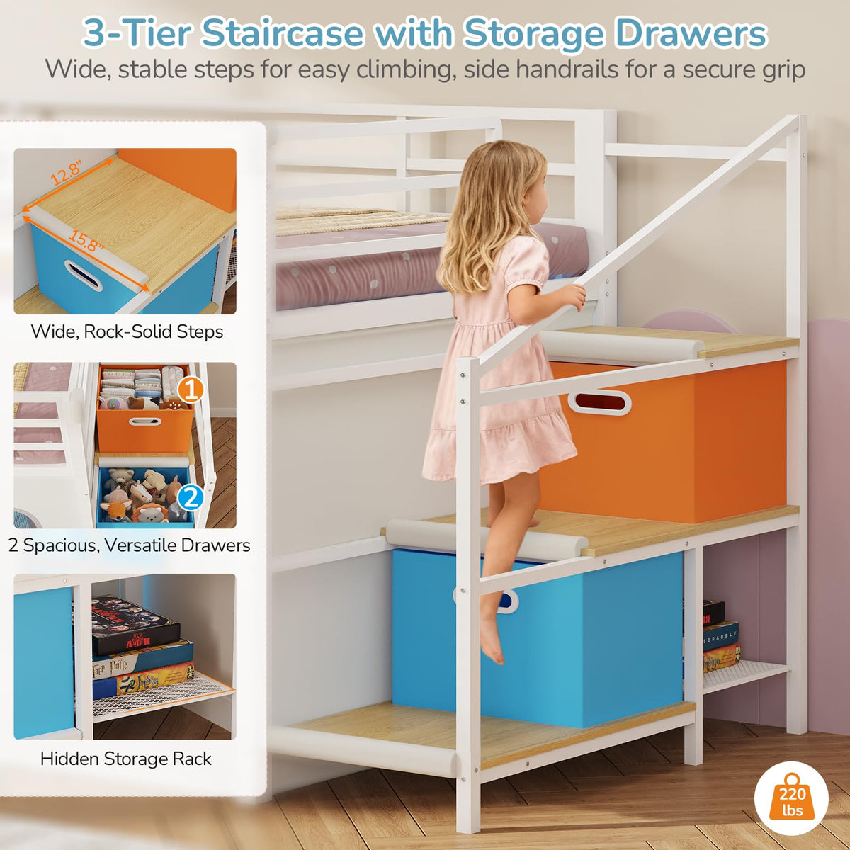 White Twin Low Loft Bed with Slide Staircase Storage Drawers Desk Z624