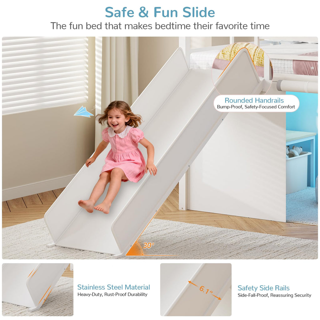 White Twin Low Loft Bed with Slide Staircase Storage Drawers Desk Z624