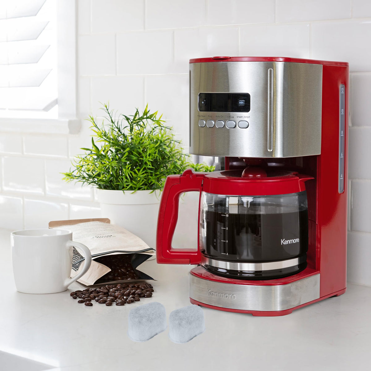 12 Cup Programmable Drip Coffee Maker, Red and Stainless Steel, 12 Pack Charcoal Water Filter A684