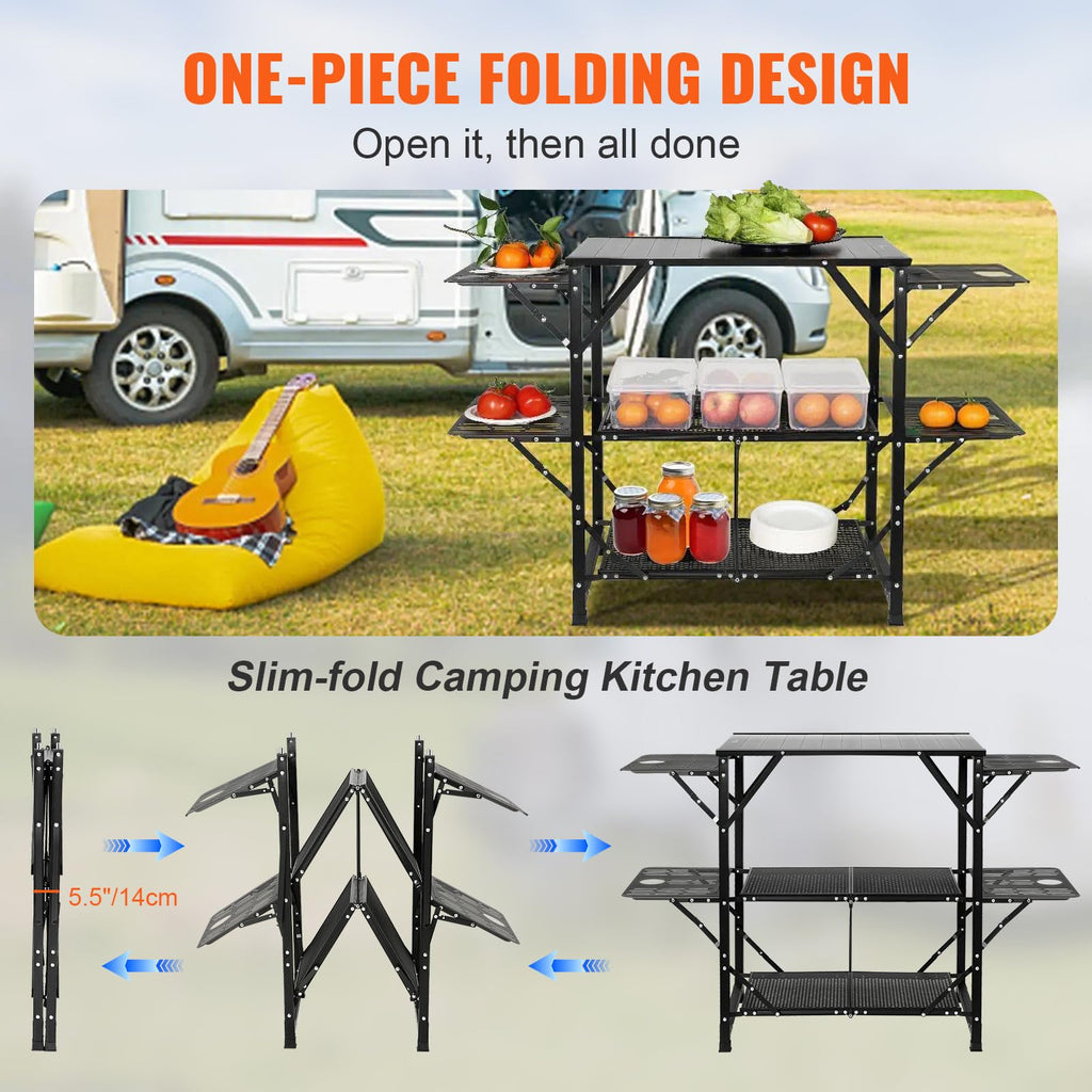 Aluminum Folding Camping Kitchen Table with 2 Shelves O890554