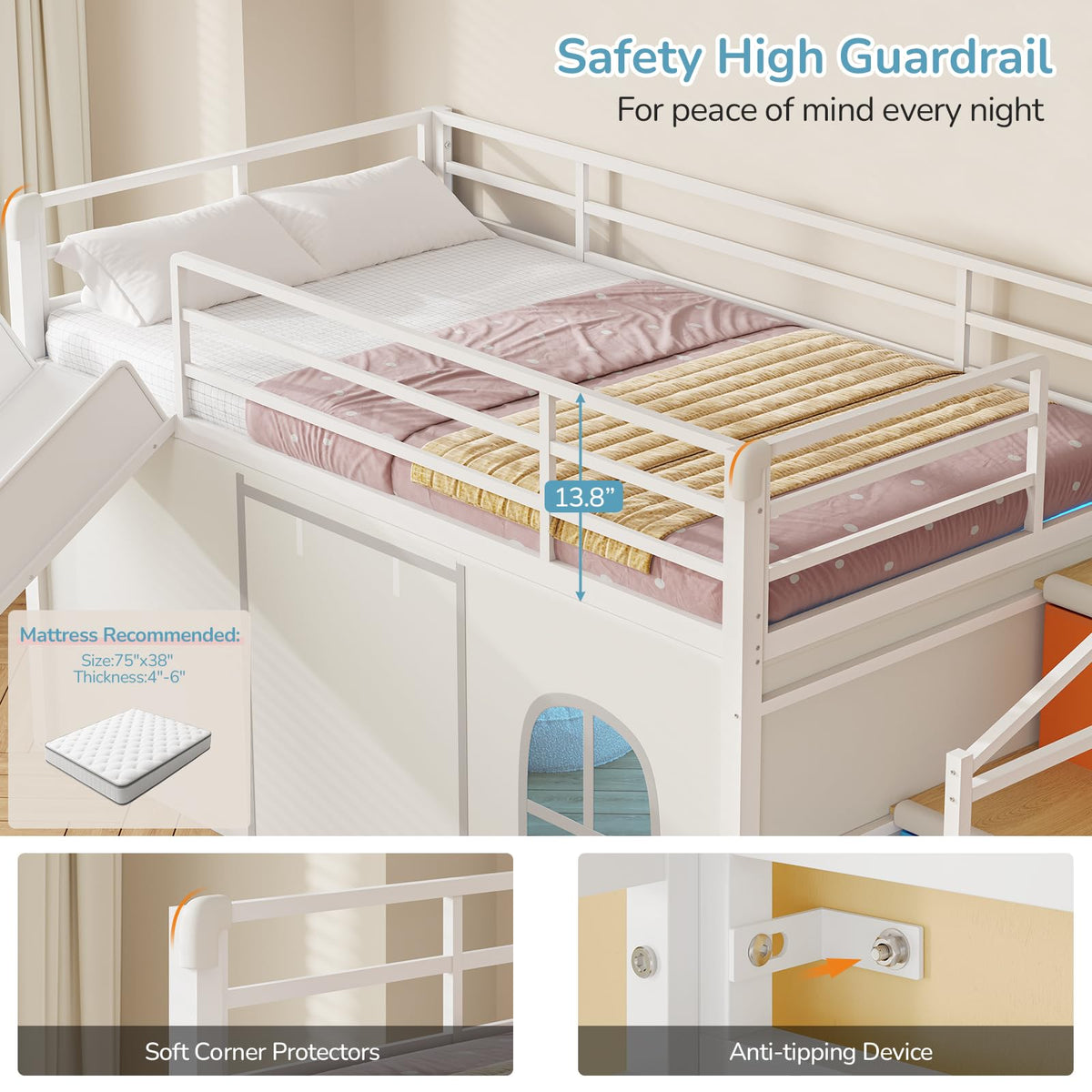 White Twin Low Loft Bed with Slide Staircase Storage Drawers Desk Z624