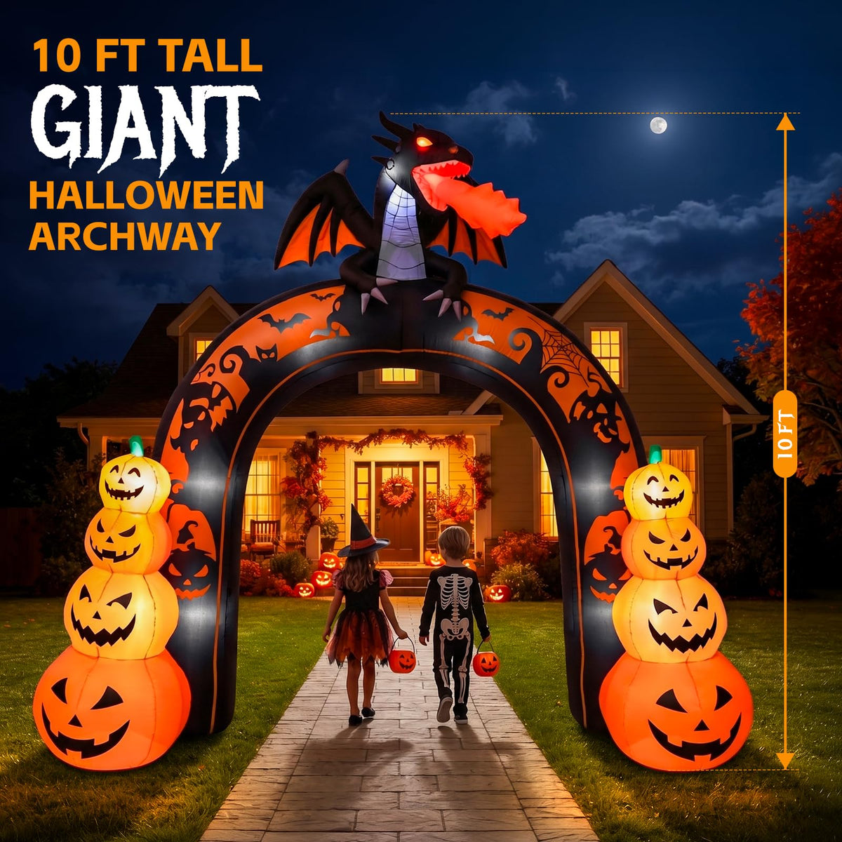 10 FT Tall Halloween Inflatables Dragon Pumpkin Archway Outdoor Decorations with Built-in LEDs H242860