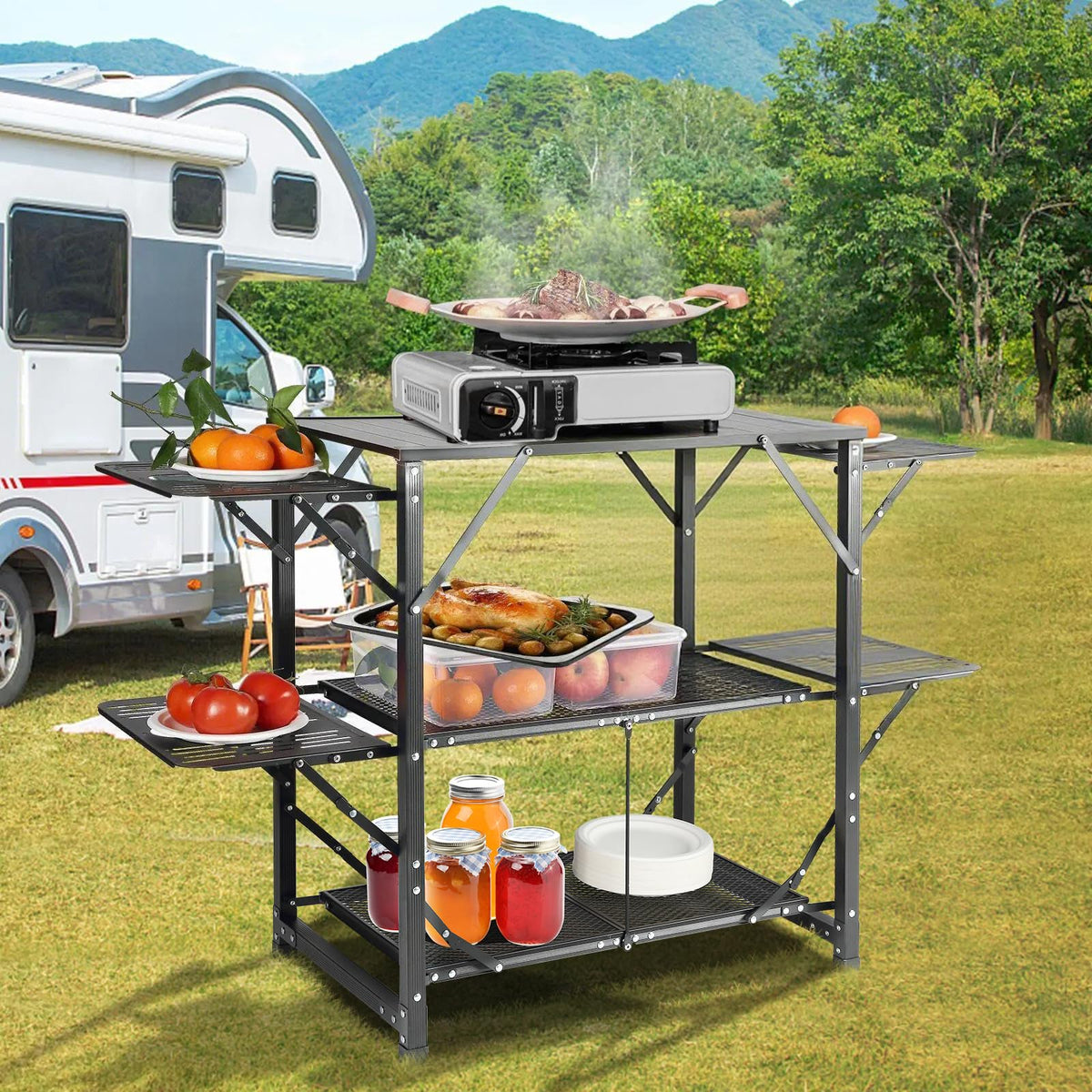 Aluminum Folding Camping Kitchen Table with 2 Shelves O890554