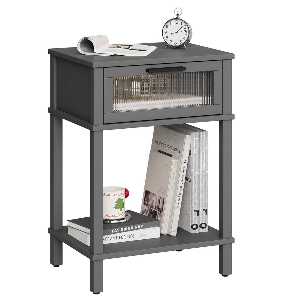 Grey Wooden Nightstand with Drawer and Storage Shelf Y4636