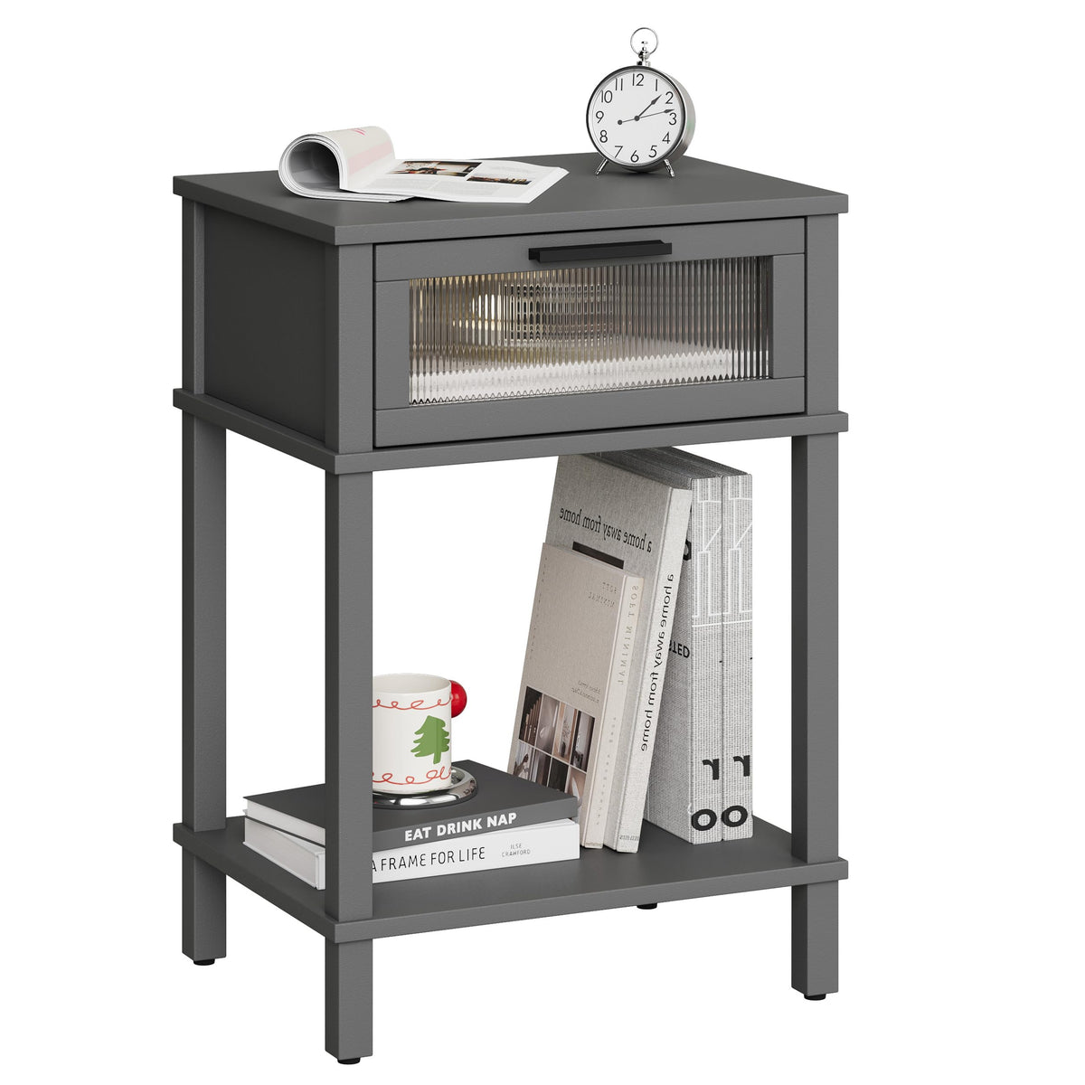 Grey Wooden Nightstand with Drawer and Storage Shelf Y4636