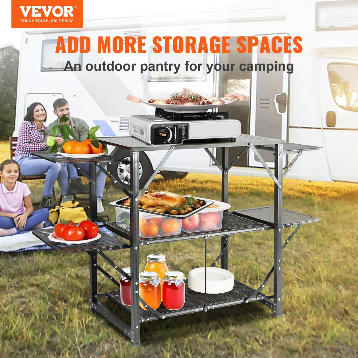 Aluminum Folding Camping Kitchen Table with 2 Shelves O890554