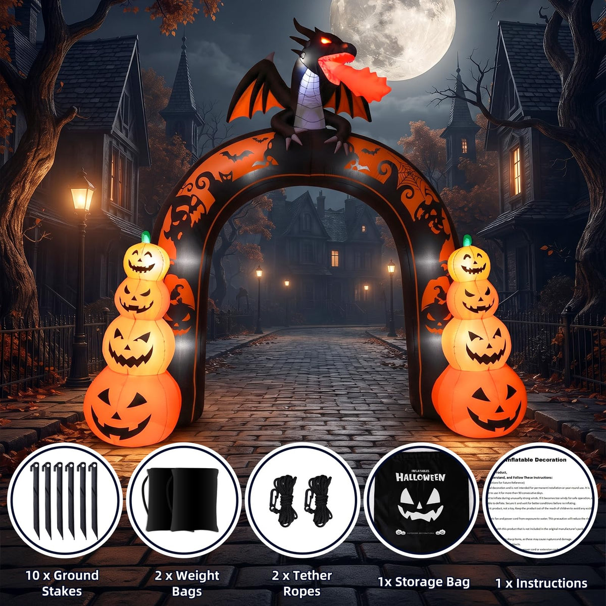 10 FT Tall Halloween Inflatables Dragon Pumpkin Archway Outdoor Decorations with Built-in LEDs H242860