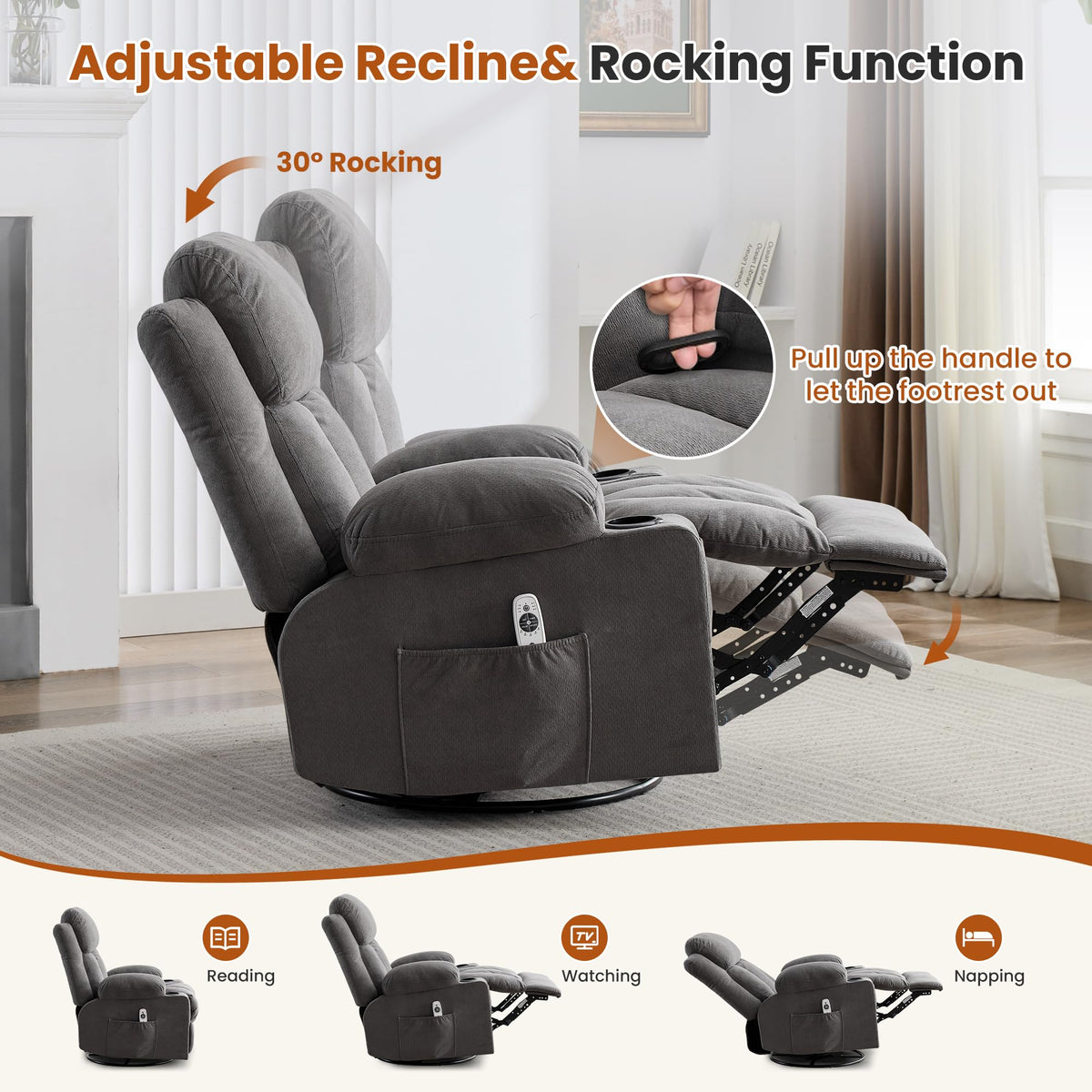 Swivel Rocker Recliner Chair with Massage and Heat X837