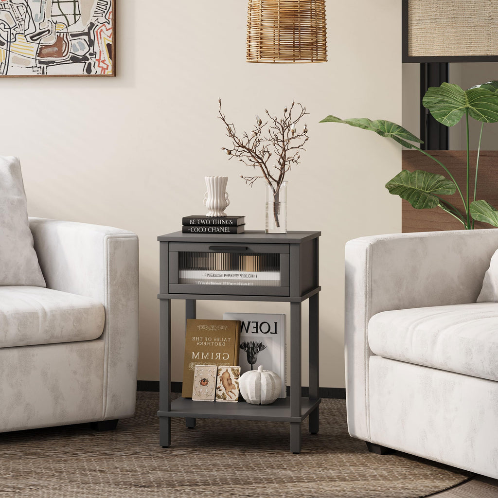 Grey Wooden Nightstand with Drawer and Storage Shelf Y4636