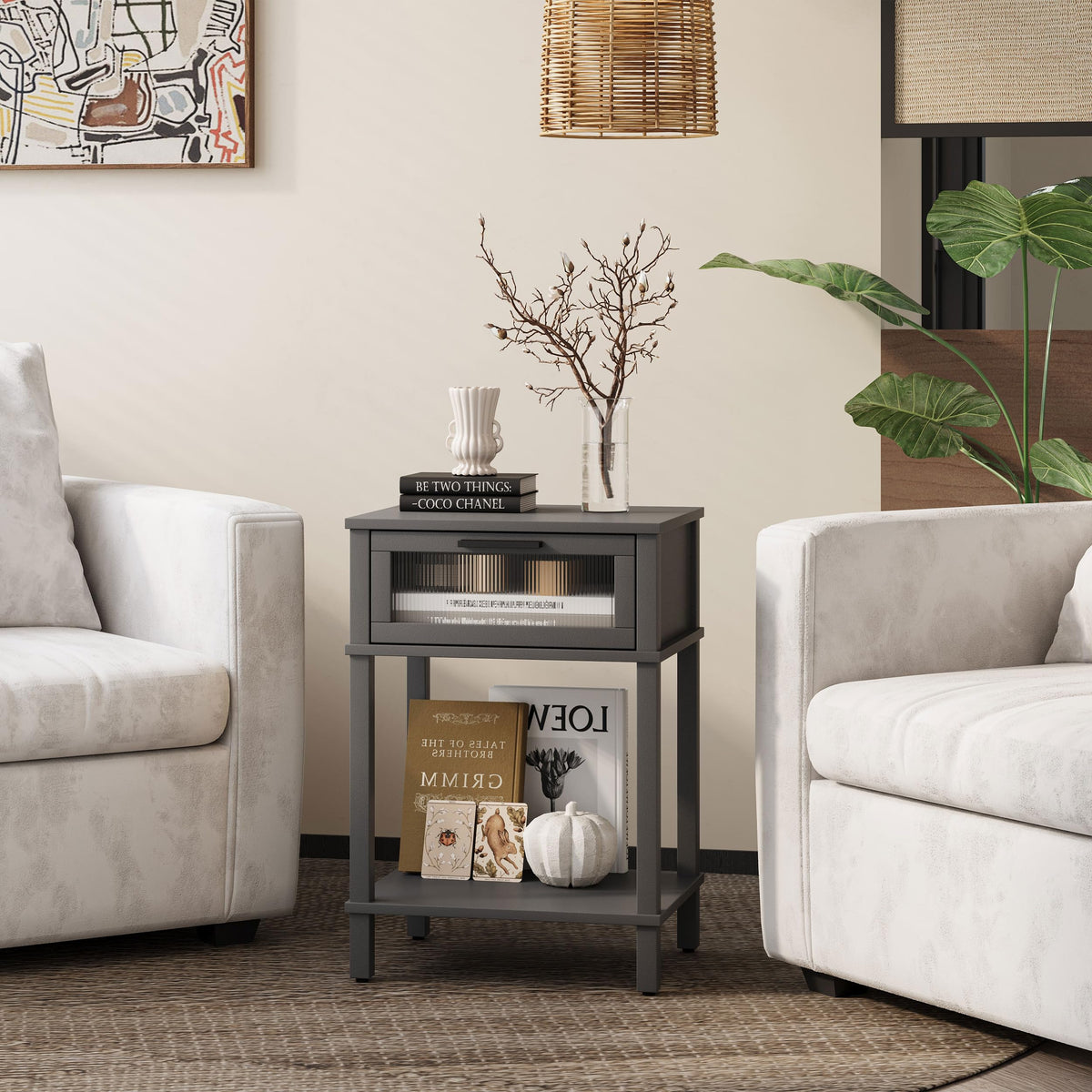 Grey Wooden Nightstand with Drawer and Storage Shelf Y4636