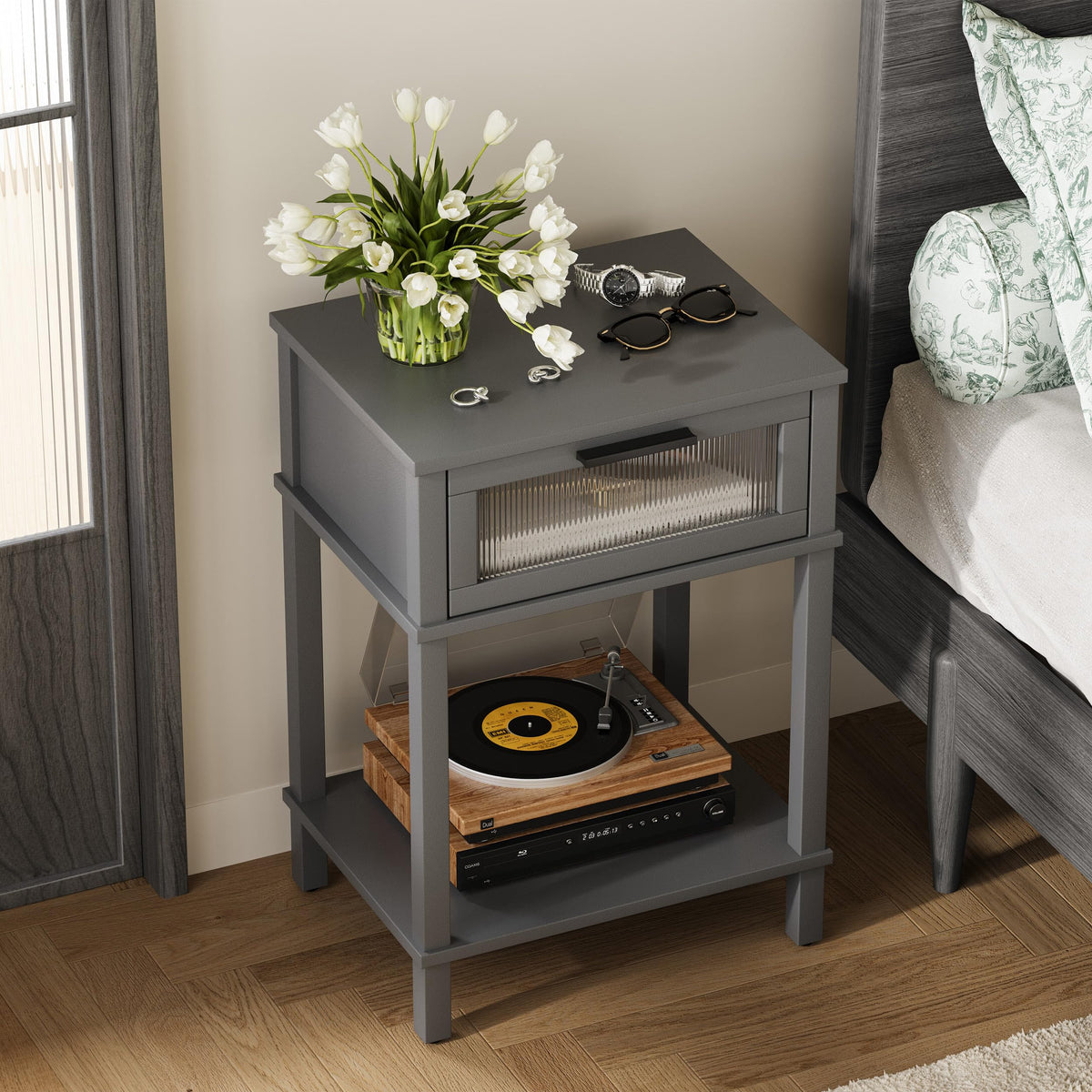 Grey Wooden Nightstand with Drawer and Storage Shelf Y4636