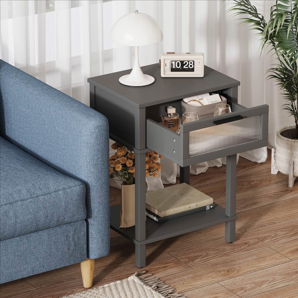 Grey Wooden Nightstand with Drawer and Storage Shelf Y4636