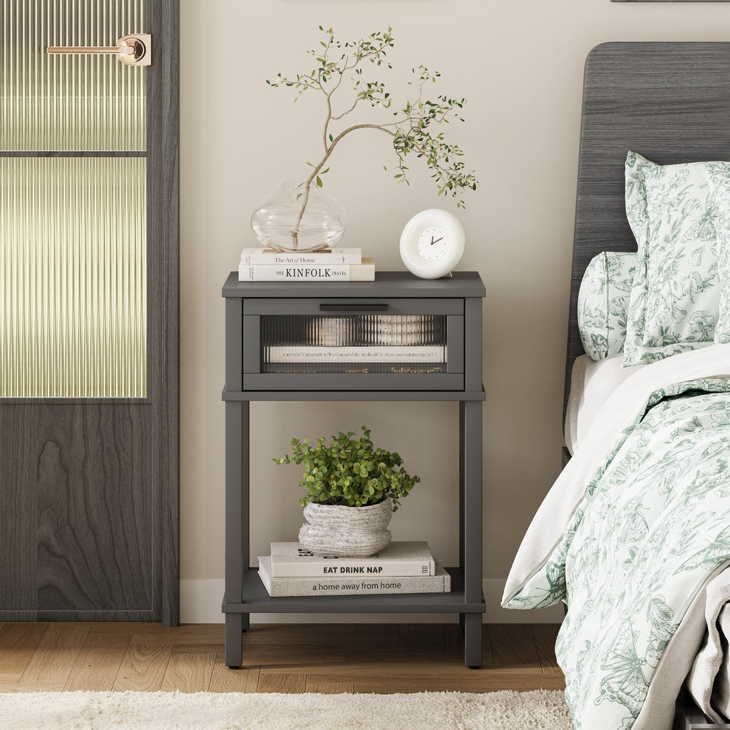 Grey Wooden Nightstand with Drawer and Storage Shelf Y4636