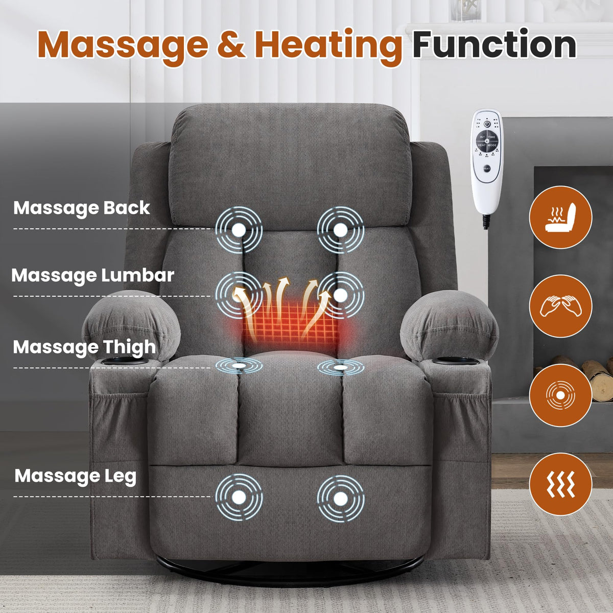 Swivel Rocker Recliner Chair with Massage and Heat X837