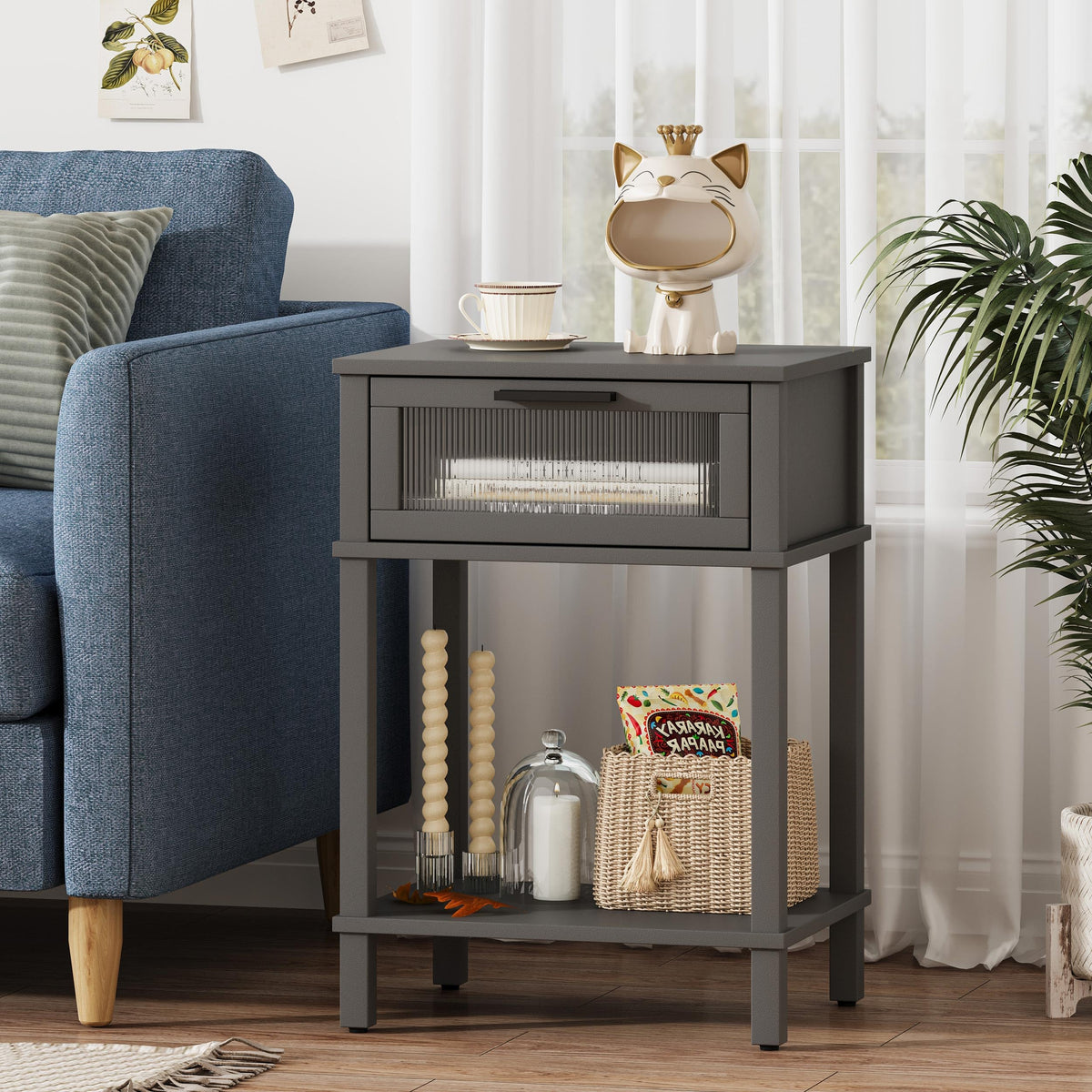 Grey Wooden Nightstand with Drawer and Storage Shelf Y4636