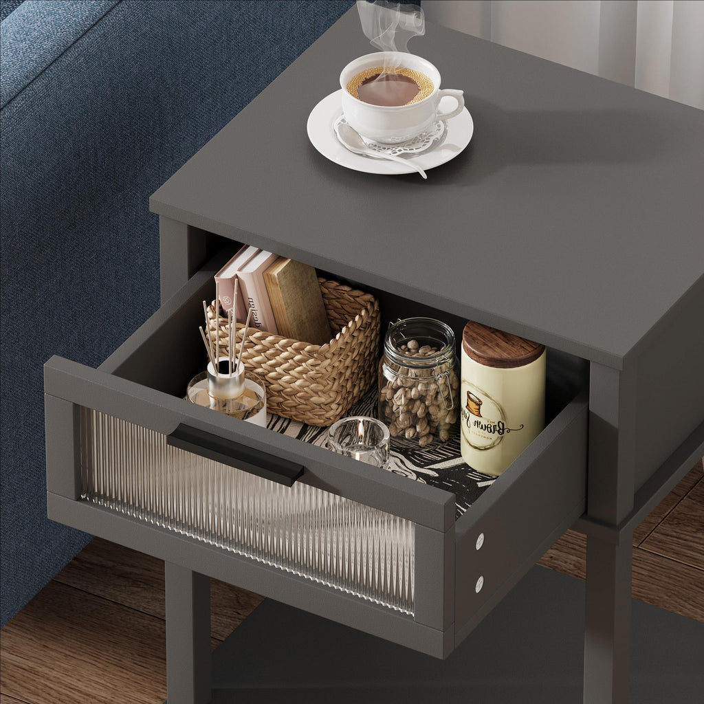 Grey Wooden Nightstand with Drawer and Storage Shelf Y4636